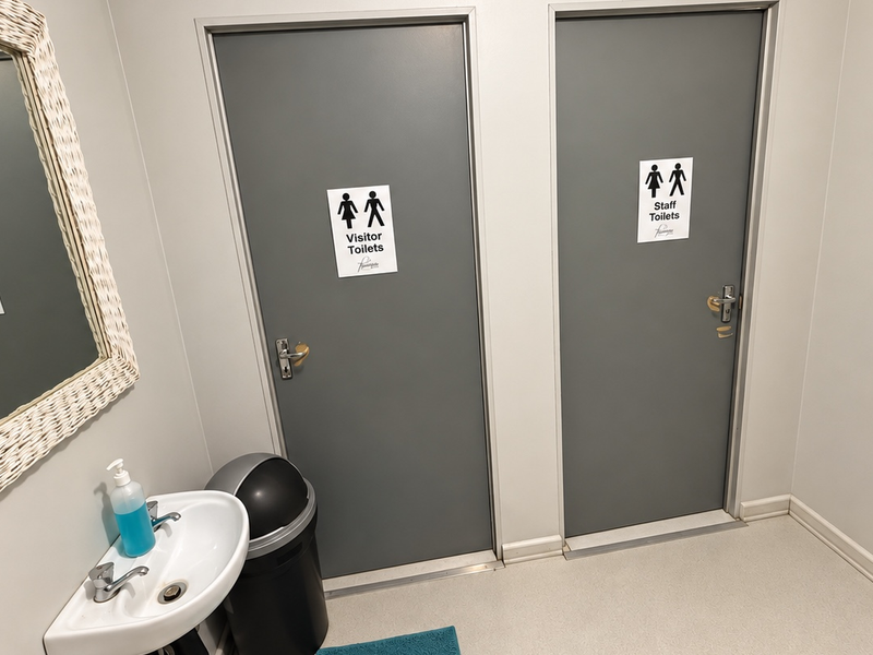 A clean hallway area featuring a wall-mounted basin and separate access doors for visitor and staff restrooms.