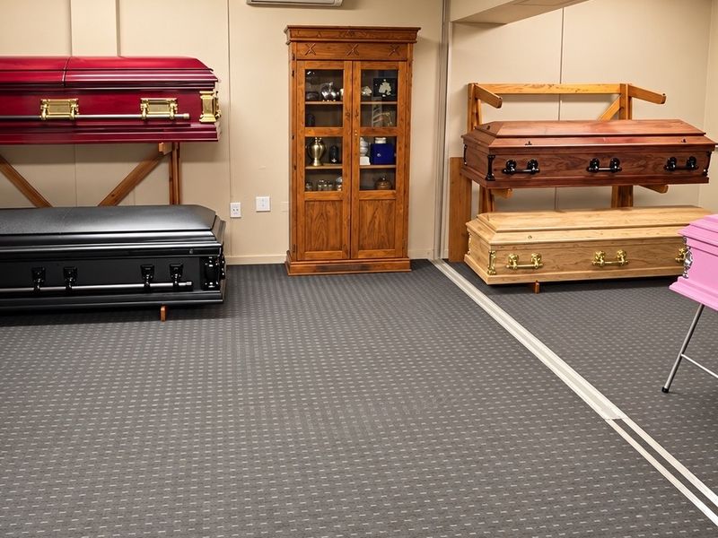 A commercial showroom space featuring carpeted flooring and a wall-mounted air conditioning unit, currently utilized for display purposes.