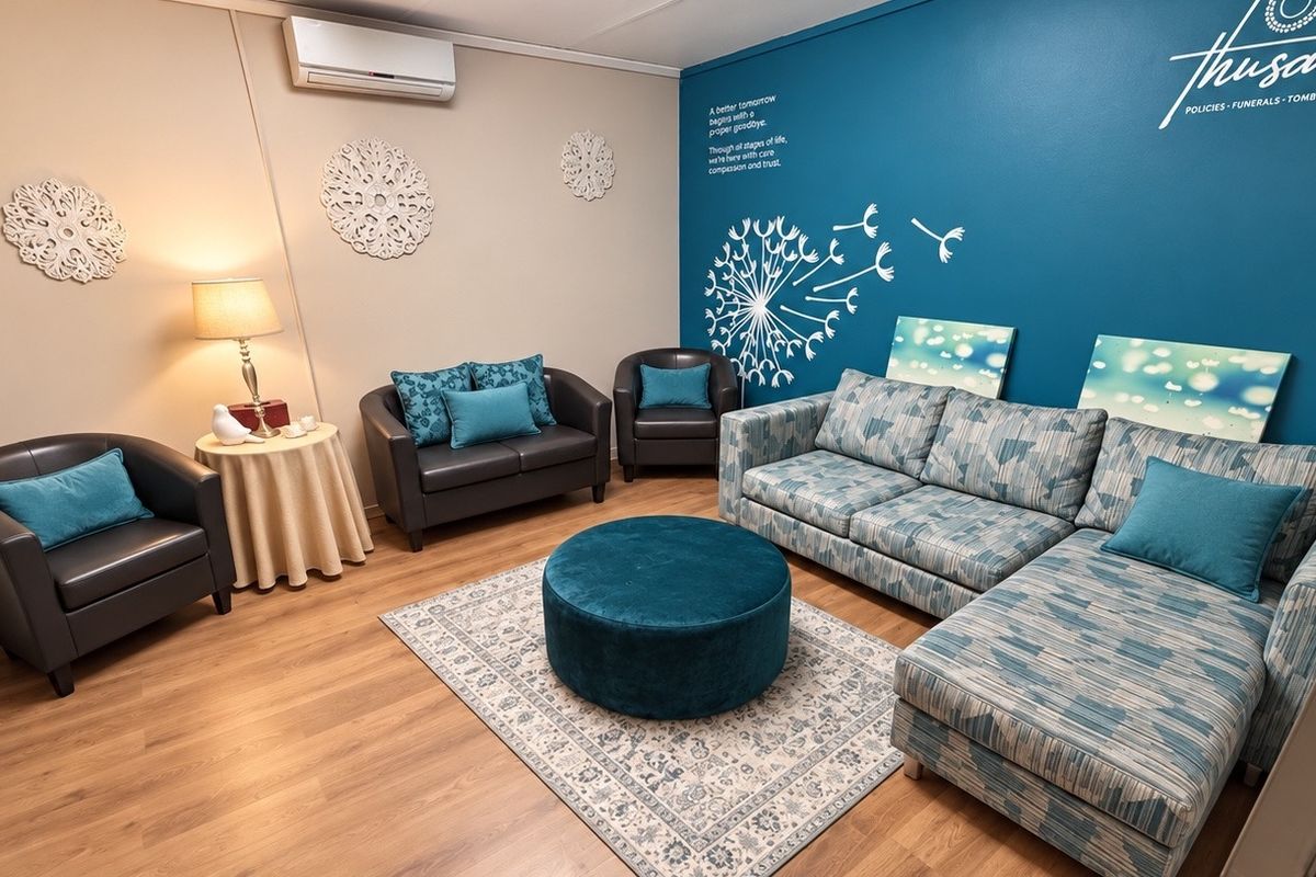 A well-maintained waiting or reception area featuring laminate flooring and a wall-mounted split-system air conditioning unit.
