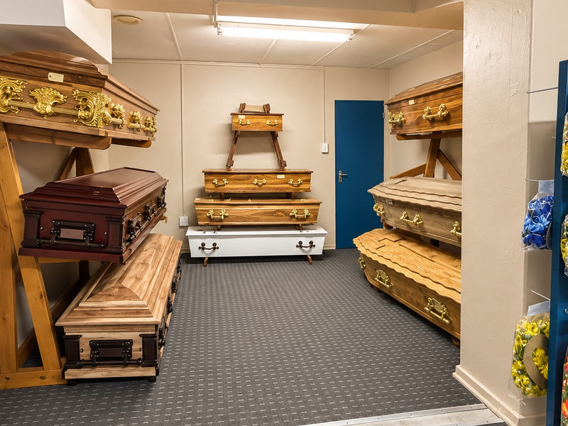 A display room featuring a collection of wooden caskets and funeral accessories, finished with neutral walls and carpeted flooring.