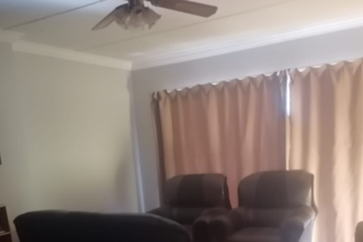 A living room featuring crown molding and a ceiling fan, with natural light filtering through window curtains.