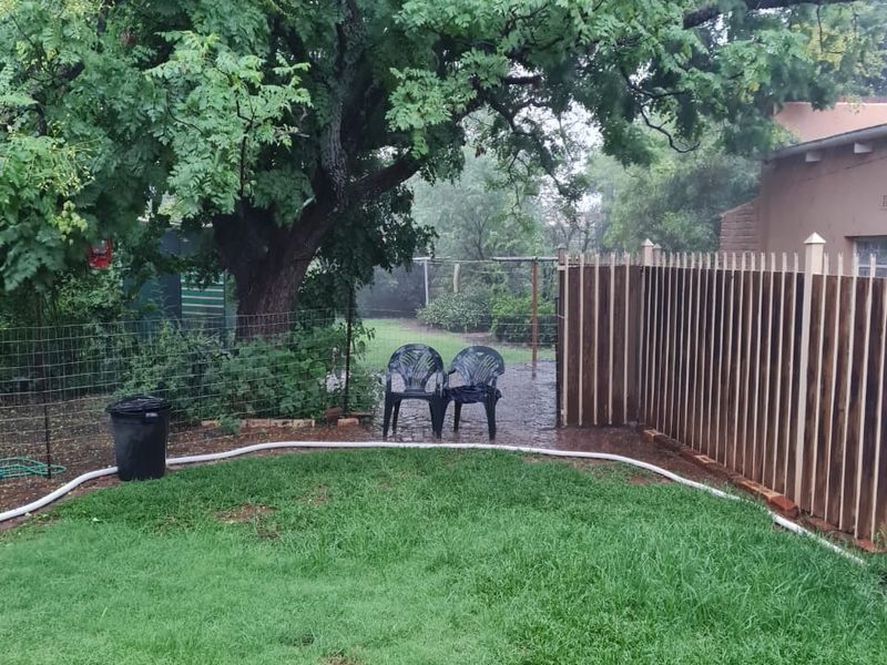 A private backyard garden featuring a circular lawn, mature tree, and a combination of wooden picket and wire mesh fencing.
