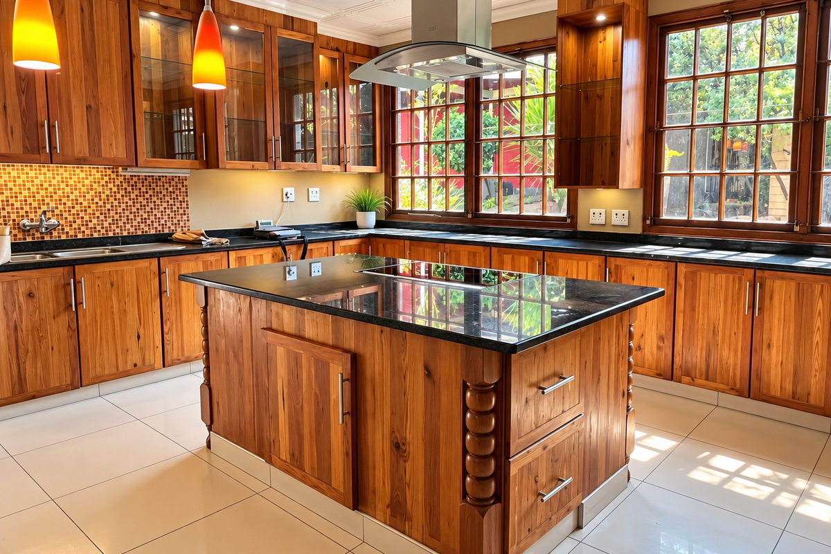 A well-maintained kitchen featuring warm wooden cabinetry, granite countertops, a central island with a built-in hob, and large timber-framed windows providing natural light.