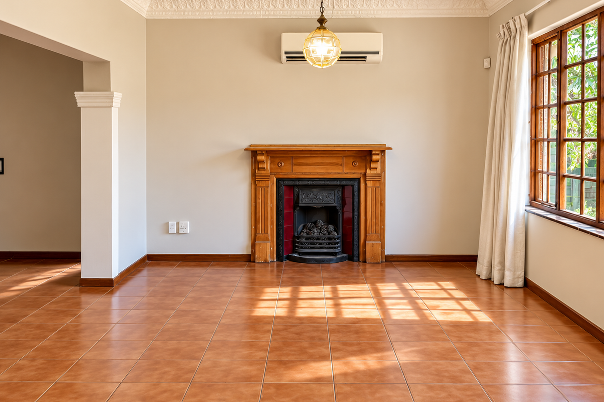 A bright, empty living room featuring a classic timber fireplace, tiled flooring, decorative ceiling cornices, and a wall-mounted air conditioning unit.