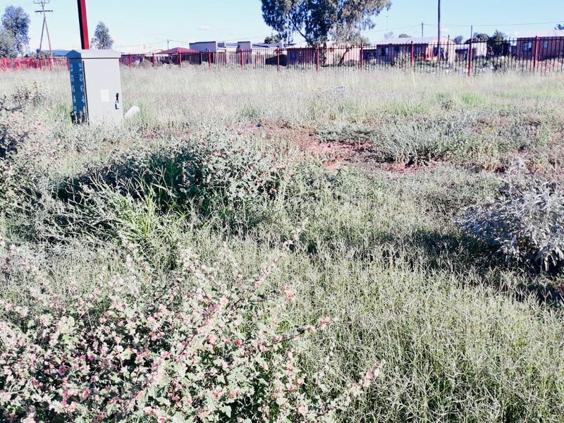 A vacant residential plot featuring overgrown vegetation, a perimeter fence, and an electrical utility box.