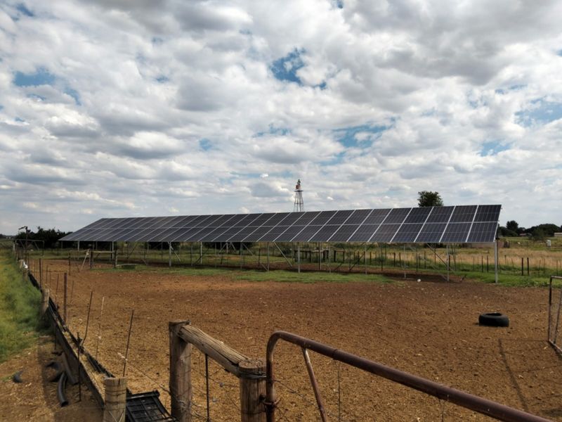 A large ground-mounted solar panel array installed in an open farm paddock, featuring a traditional windmill in the background.