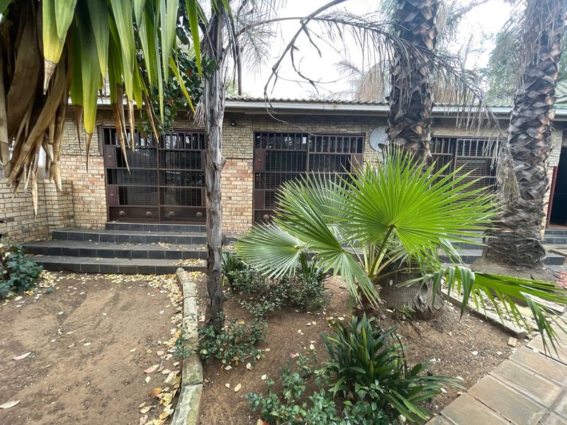 Rear exterior view of a face brick house featuring security gates, tiled steps, and a landscaped garden area with mature palm trees.