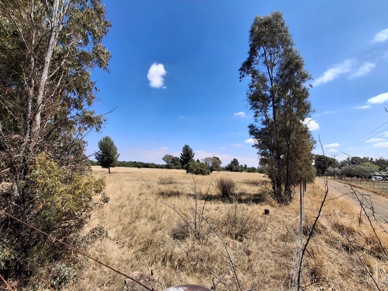 An expansive, open field on a small holding, featuring mature trees and perimeter wire fencing under a clear blue sky.
