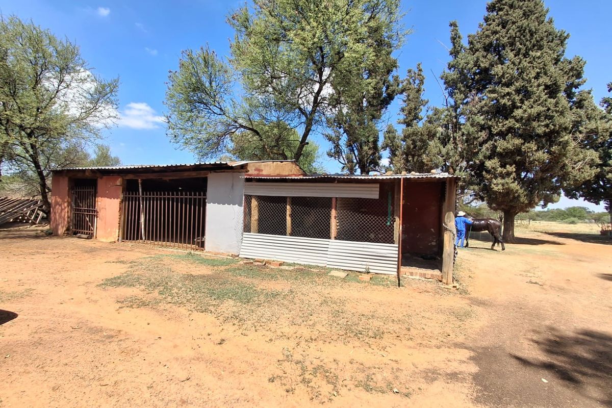An outdoor utility structure on a small holding featuring corrugated iron roofing, metal security gates, and wire mesh enclosures.