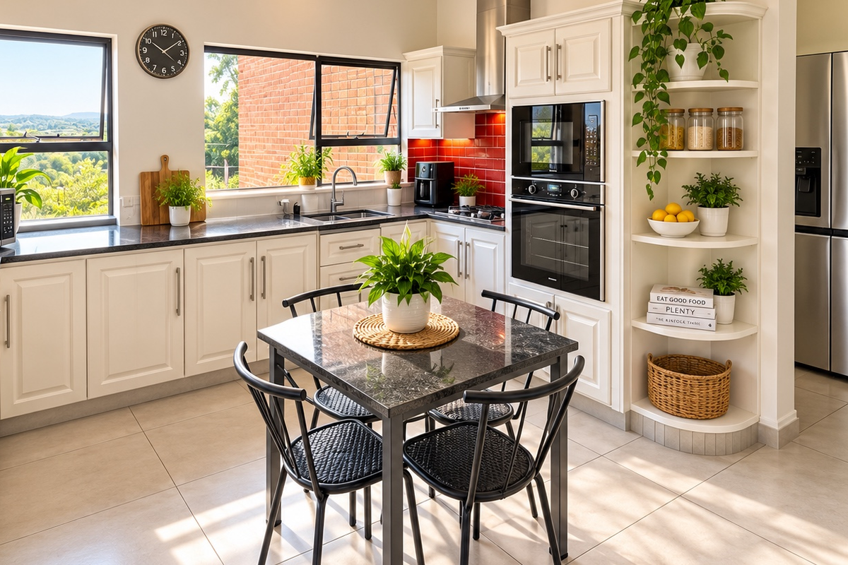 A bright, modern kitchen featuring white cabinetry, granite countertops, a red tiled splashback, and integrated stainless steel appliances with a view of the outdoors.