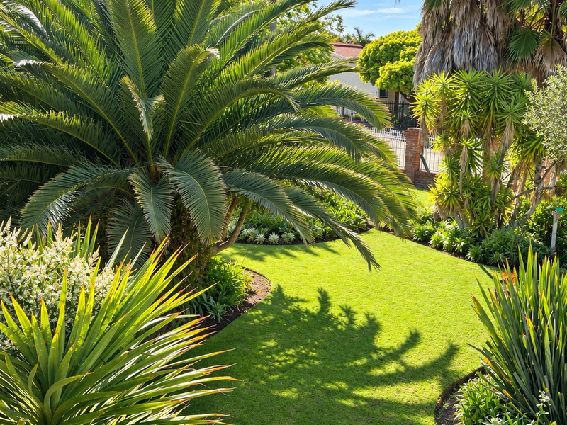 A well-maintained residential garden featuring lush green lawn, mature palm trees, and established ornamental plantings enclosed by a brick and metal boundary wall.