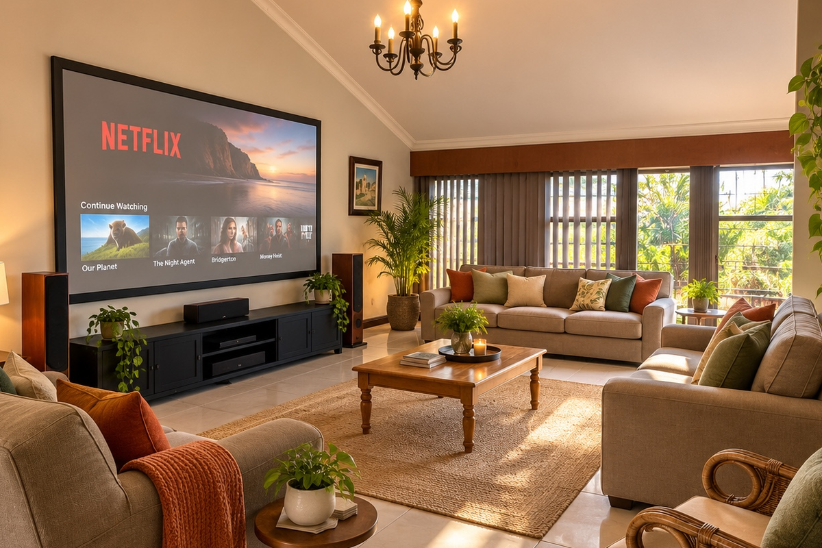 Spacious living room featuring a vaulted ceiling, tiled flooring, and large windows with vertical blinds, creating a bright and comfortable atmosphere.