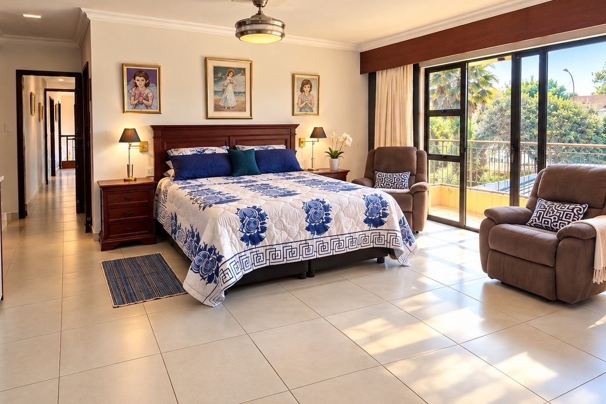 Spacious bedroom featuring tiled flooring, built-in cabinetry, and large sliding glass doors providing access to an outdoor balcony area.