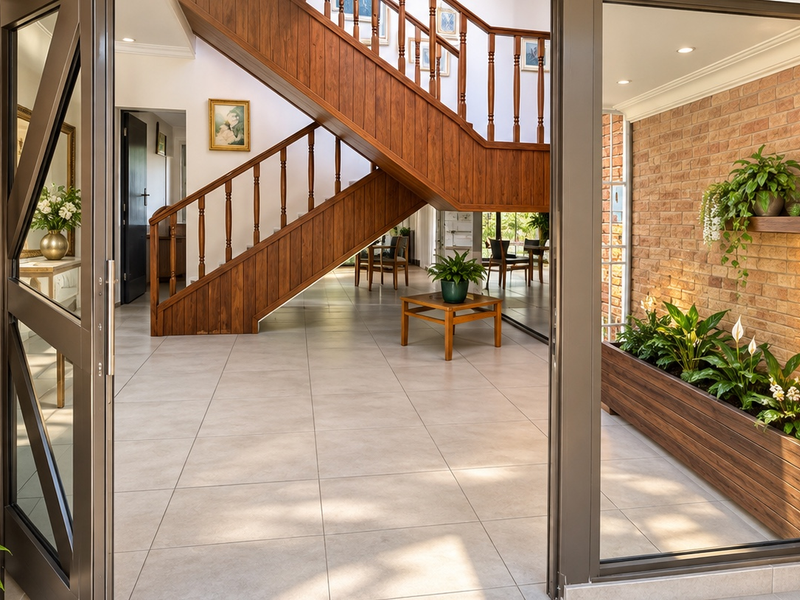 Spacious entrance hall featuring a prominent timber staircase, exposed brick feature walls, tiled flooring, and integrated timber planter boxes with recessed lighting.