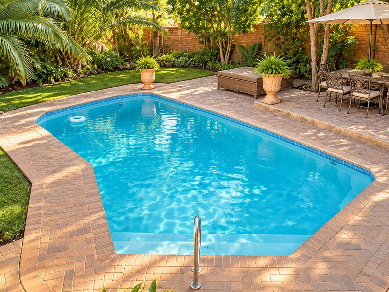 A well-maintained swimming pool area featuring brick paving, lush garden landscaping, and a dedicated outdoor patio space for relaxation.