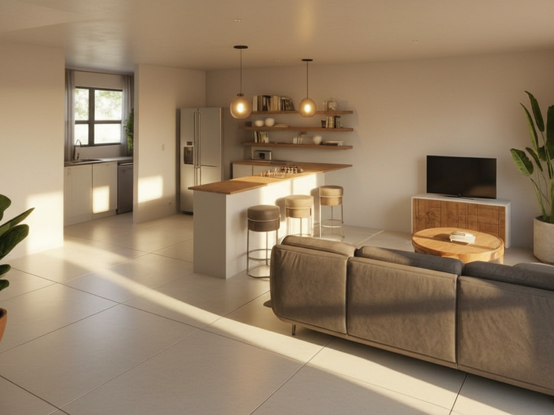 A bright, modern open-plan living and kitchen area featuring tiled floors, a central island with wooden countertop, and contemporary pendant lighting.