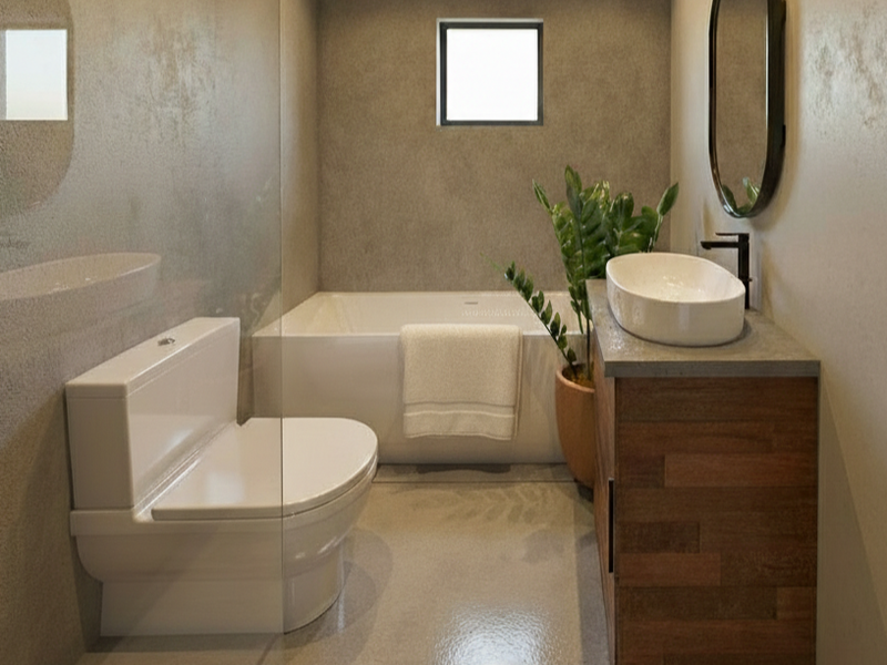 Modern bathroom featuring a built-in bathtub, wall-mounted toilet, and a wooden vanity with a vessel sink and contemporary fixtures.