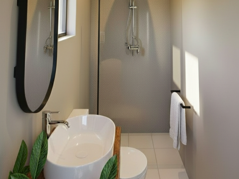 A modern, minimalist bathroom featuring a vessel sink, chrome fixtures, and a walk-in shower area with clean tiled flooring.