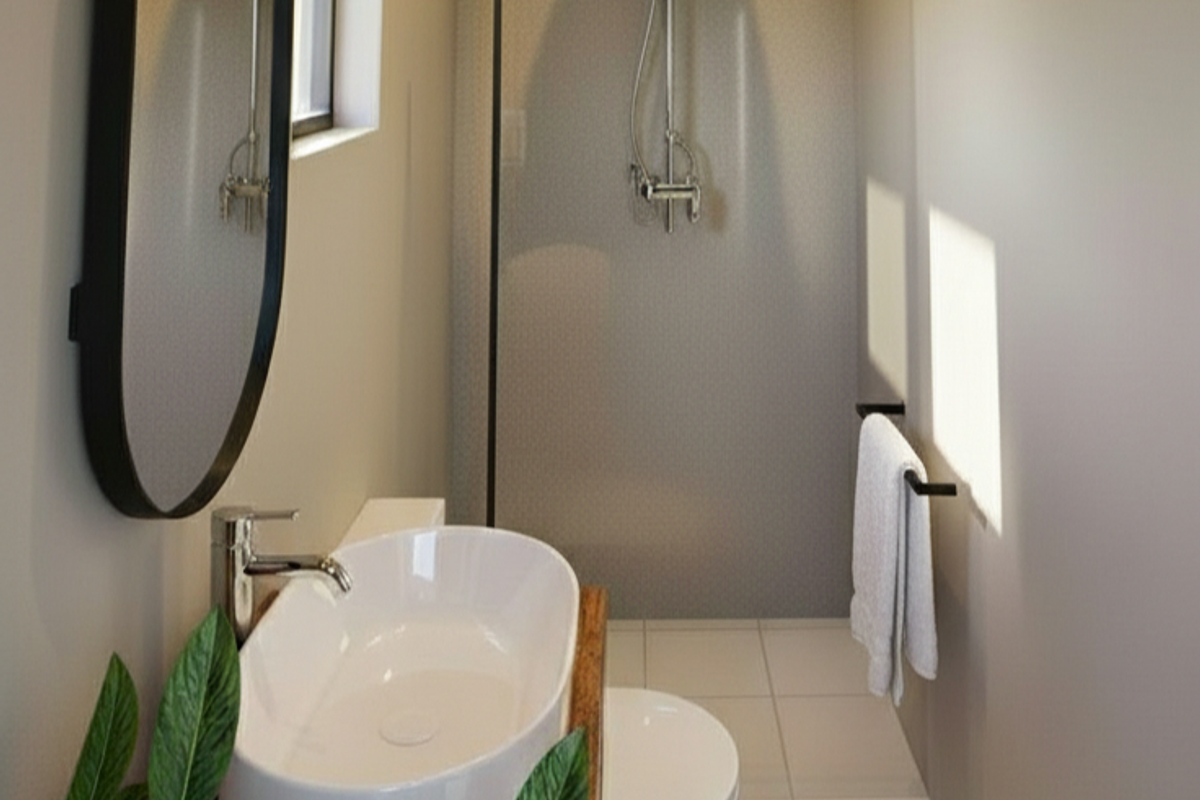 A modern, minimalist bathroom featuring a vessel sink, chrome fixtures, and a walk-in shower area with clean tiled flooring.