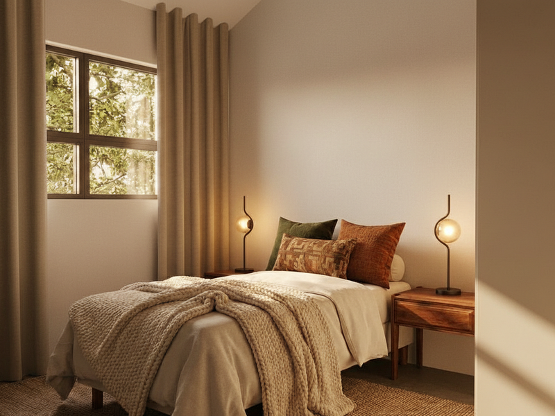 A well-lit, neutral-toned bedroom featuring a large window with floor-to-ceiling curtains, creating a warm and inviting atmosphere.