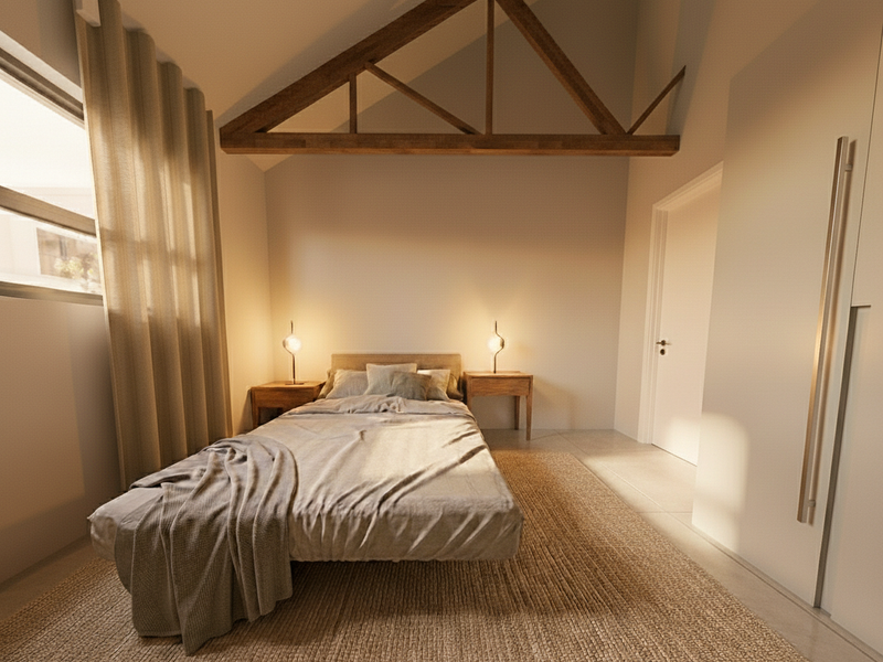 A modern bedroom featuring a vaulted ceiling with an exposed timber truss, tiled flooring, and integrated built-in wardrobe storage.