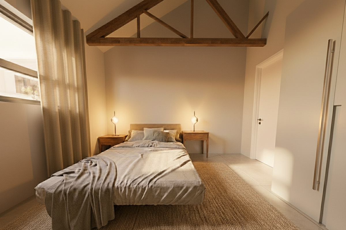 A modern bedroom featuring a vaulted ceiling with an exposed timber truss, tiled flooring, and integrated built-in wardrobe storage.