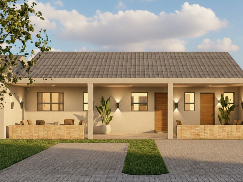 A modern townhouse exterior featuring a covered patio, paved driveway, and clean architectural lines with integrated wall lighting.