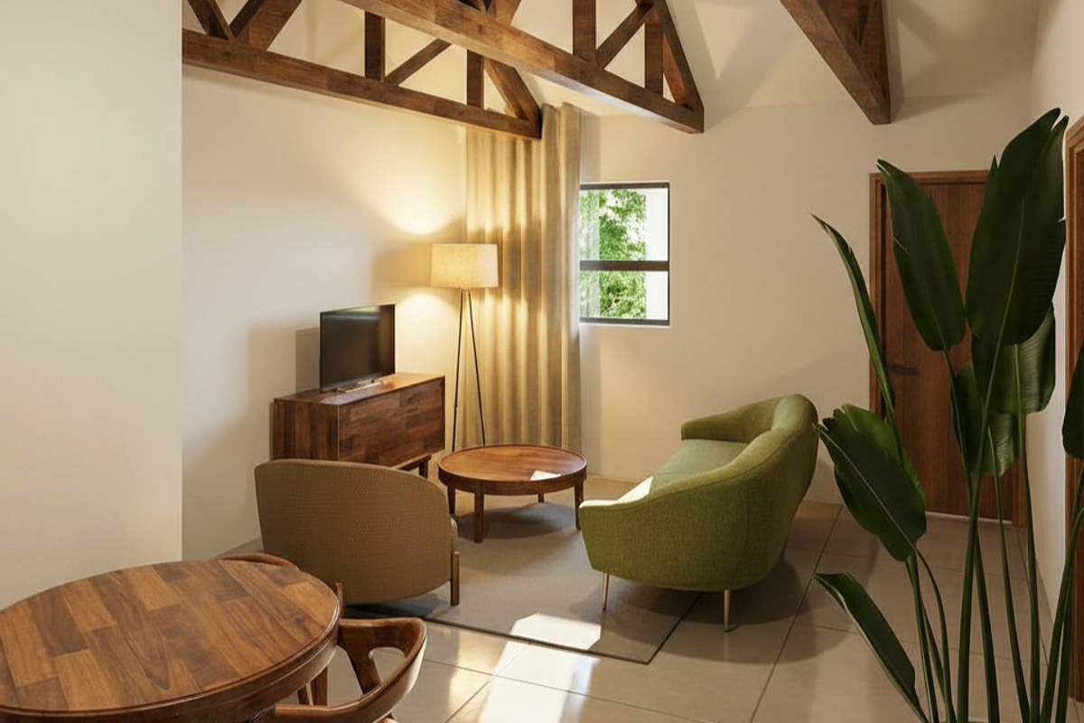 A well-lit living area featuring high vaulted ceilings with exposed timber trusses and neutral tiled flooring.