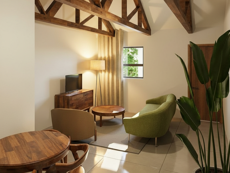 A well-lit living area featuring high vaulted ceilings with exposed timber trusses and neutral tiled flooring.