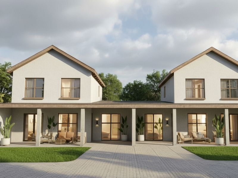 Modern townhouse facade featuring a symmetrical design with covered patios, paved driveway, and large glass doors, presenting a clean and contemporary architectural aesthetic.