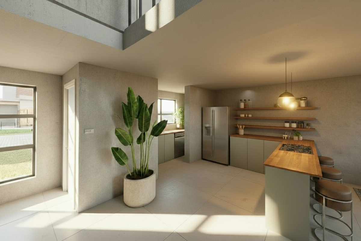 Modern open-plan kitchen featuring sleek cabinetry, wooden countertops, a gas hob, and integrated appliances, complemented by high ceilings and natural light.