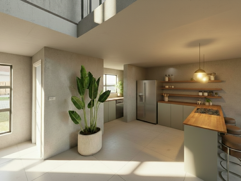 Modern open-plan kitchen featuring sleek cabinetry, wooden countertops, a gas hob, and integrated appliances, complemented by high ceilings and natural light.