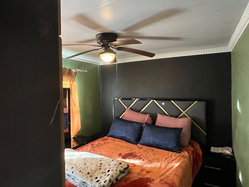 A bedroom featuring a ceiling fan and decorative crown molding, finished with a dark accent wall.