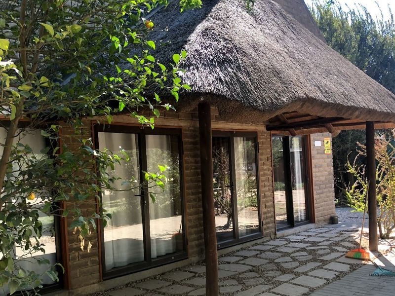 Rear exterior view of a lodge featuring a traditional thatch roof, exposed brick walls, and sliding glass doors opening onto a paved patio area.