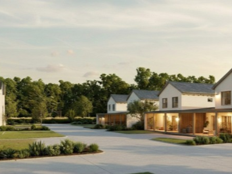 A perspective view of a townhouse development featuring modern architectural design, paved driveways, and covered patio areas.