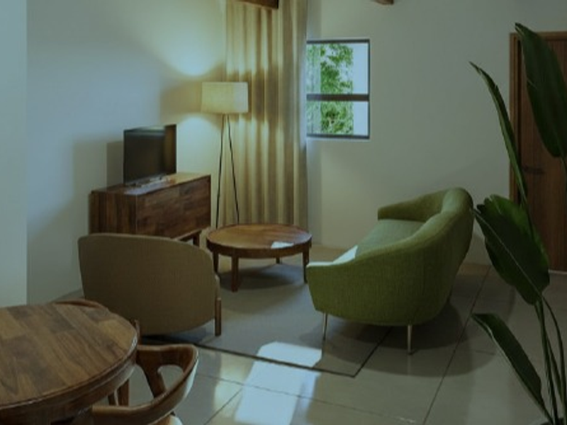 A living room area featuring tiled flooring and a timber door, presented in a digitally rendered style.