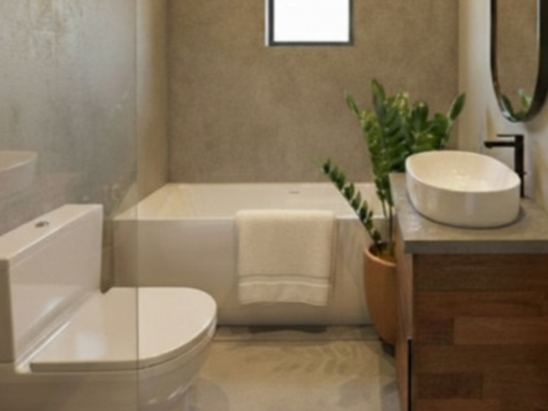 Modern bathroom featuring a built-in bathtub, wall-mounted toilet, and a wooden vanity with a vessel sink and contemporary fixtures.