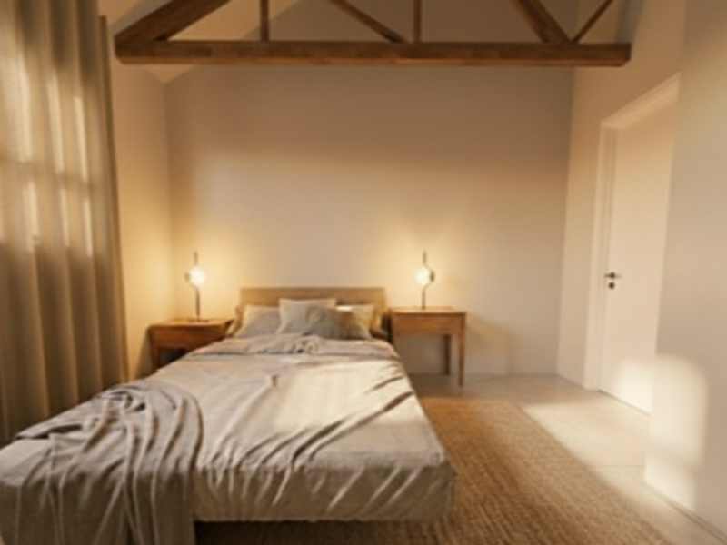 A bright and modern bedroom featuring a vaulted ceiling with an exposed timber beam and a built-in wardrobe.