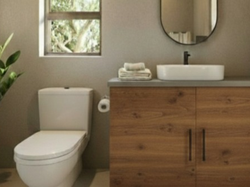 Modern bathroom featuring a wood-finish vanity cabinet, vessel sink, and contemporary toilet in a well-lit space.