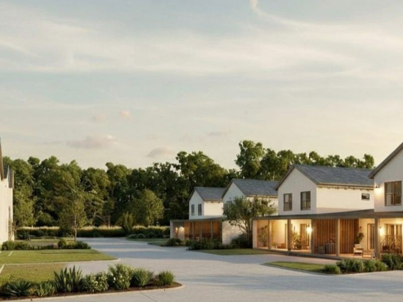 A perspective view of a modern townhouse development featuring paved driveways, covered patios, and contemporary architectural design.