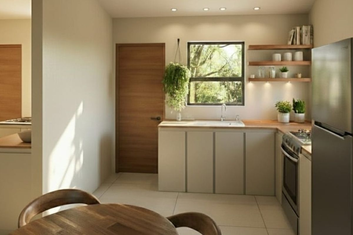 Modern kitchen featuring light-toned cabinetry, wooden countertops, floating shelving, and integrated lighting, creating a clean and functional culinary space.