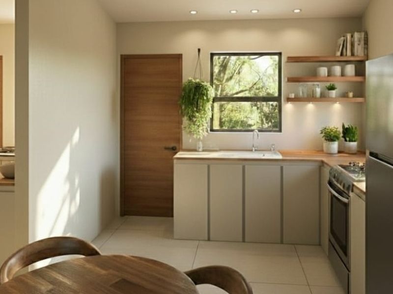 Modern kitchen featuring light-toned cabinetry, wooden countertops, floating shelving, and integrated lighting, creating a clean and functional culinary space.