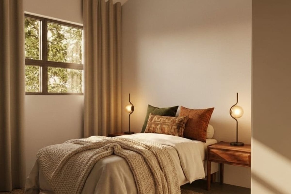 A cozy, well-lit bedroom featuring a window with neutral curtains, creating a warm and inviting atmosphere.