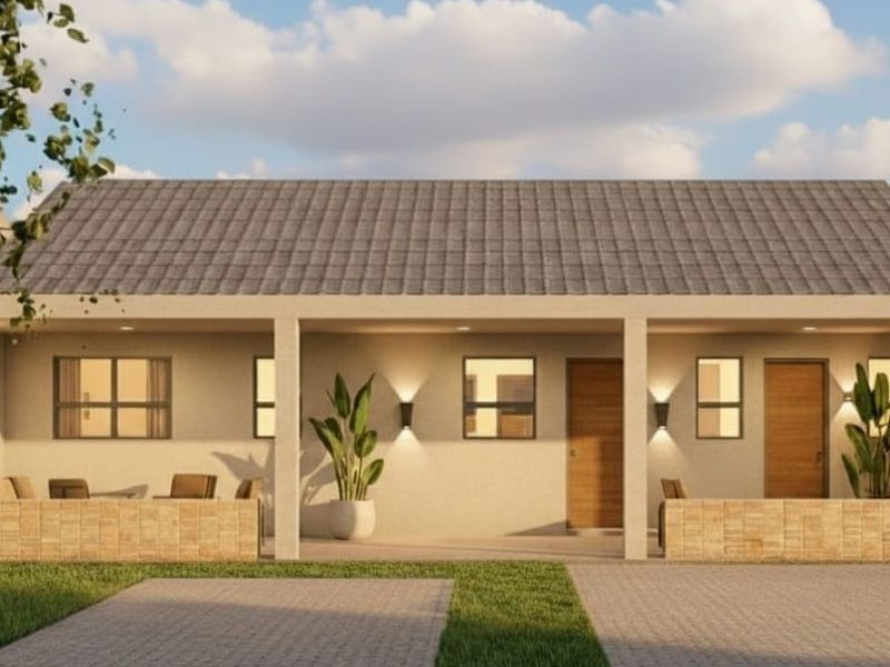A modern townhouse exterior featuring a covered patio, tiled roof, and paved driveway, showcasing clean architectural lines and contemporary exterior lighting.