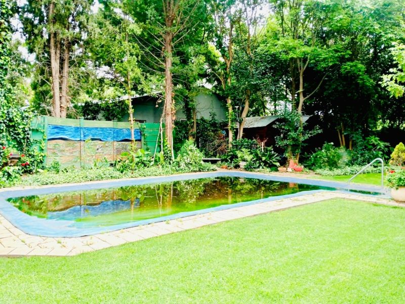Outdoor swimming pool area featuring a paved surround, pool cover, and established garden setting with a painted boundary fence.