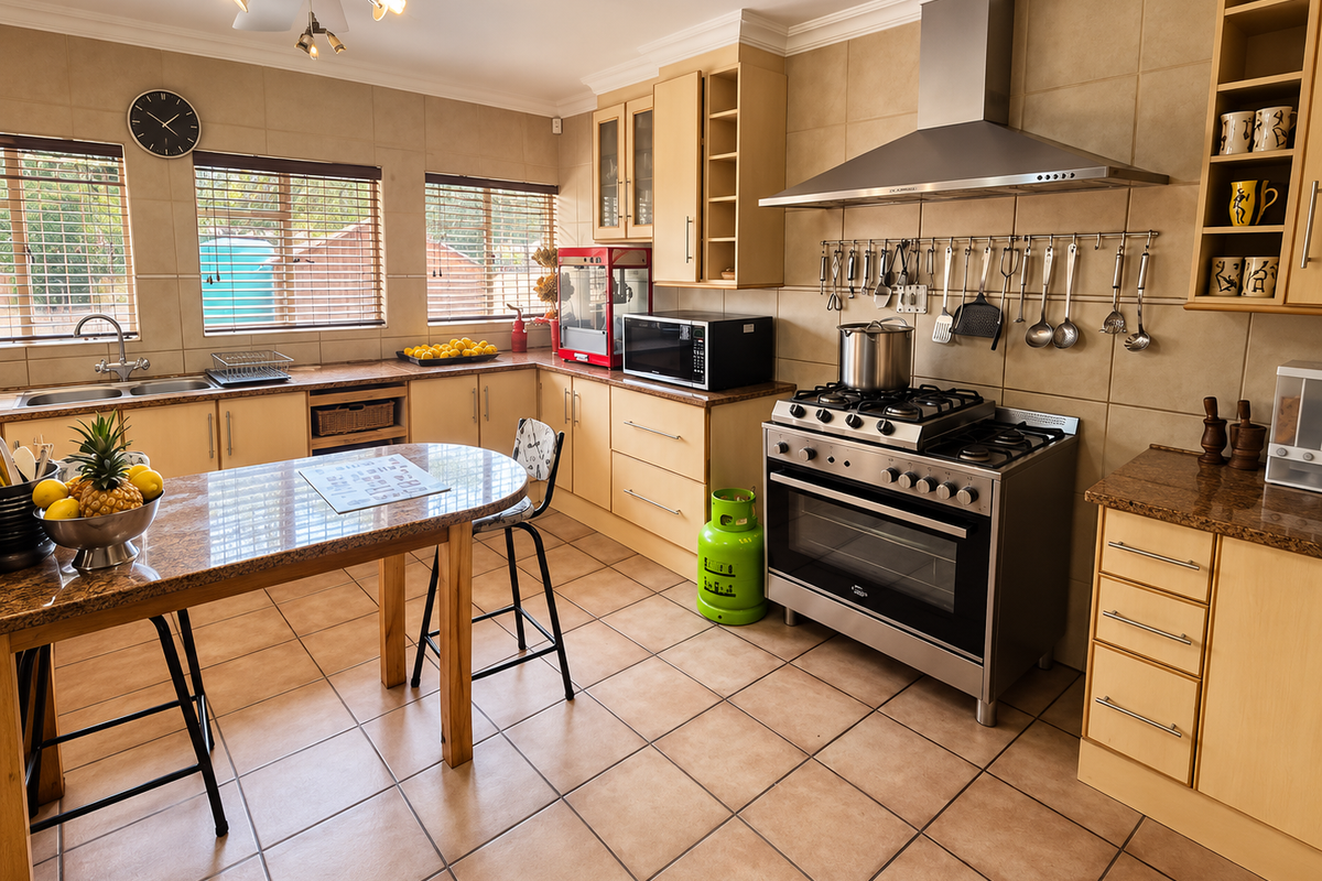 A well-maintained kitchen featuring light wood cabinetry, granite countertops, a stainless steel gas stove with extractor fan, and tiled flooring throughout.
