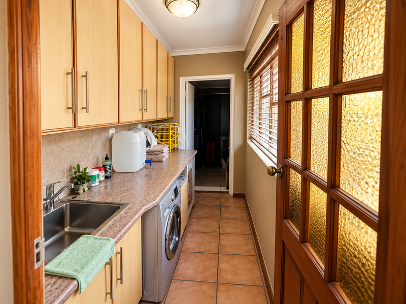 A functional laundry room featuring laminate cabinetry, a stainless steel sink, tiled flooring, and a timber-framed glass door leading to the space.
