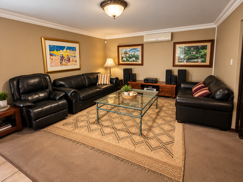A comfortable living room featuring neutral wall tones, carpeted flooring, cove ceiling molding, and a wall-mounted air conditioning unit.
