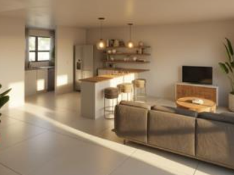 A modern open-plan living and kitchen area featuring a central island, floating shelving, and neutral tiled flooring with warm natural light.
