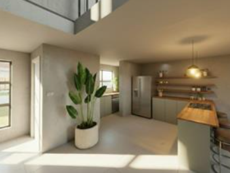Modern open-plan kitchen featuring a central island with a wooden countertop, sleek cabinetry, and floating shelving in a bright, contemporary living space.